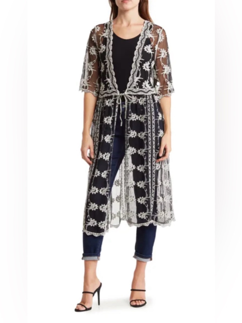 Liv Los Angeles Sheer Floral Embroidered Mesh Duster - Size S (Oversized)